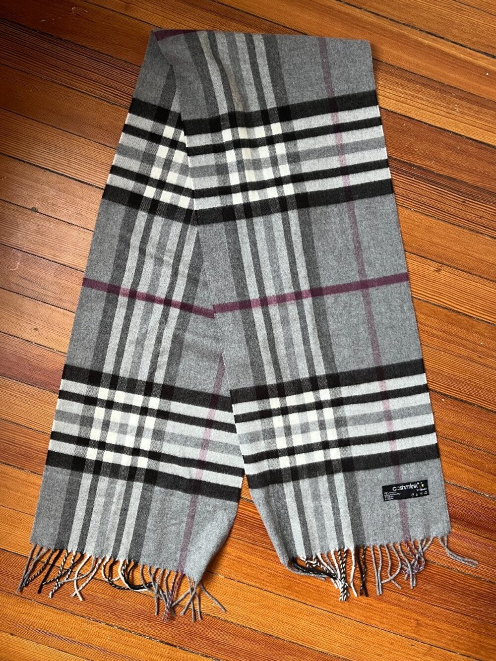 Gray Plaid Fringed Scarf by Cashmink V. Fraas